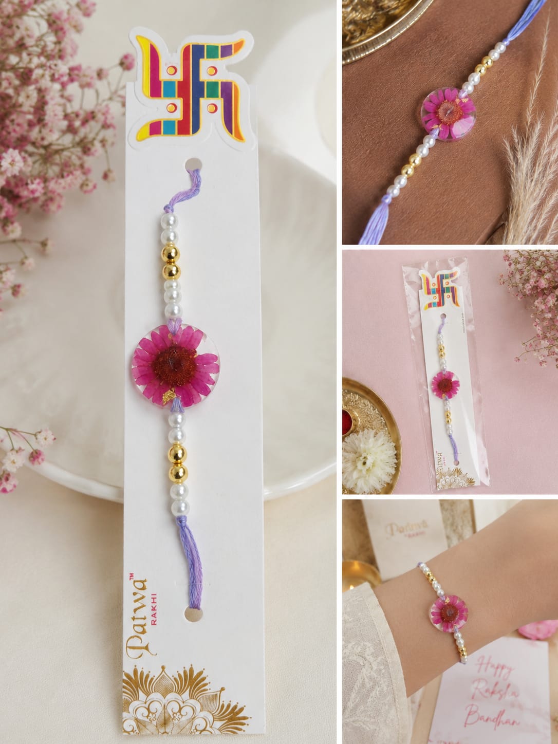 Patwa Pink Floral Rakhi with Pearl Beads